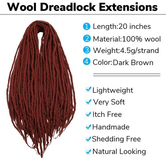 20 Inch Dark Brown Wool Dreadlock Extensions Double Ended 20 Strands 0.6… - Picture 2 of 7